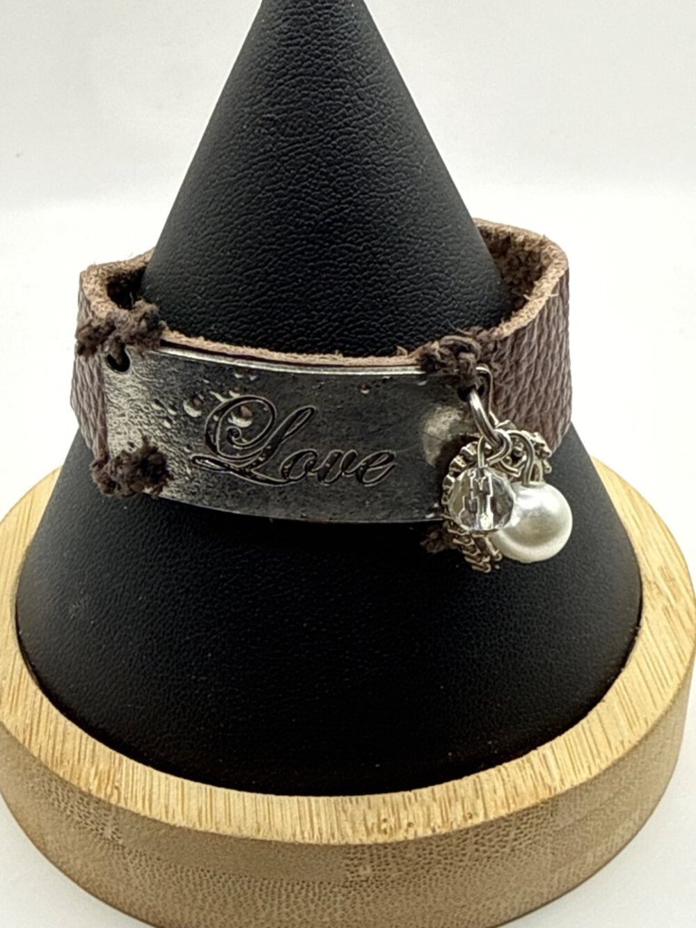 Boho Brown Leather Cuff Bracelet Distressed Silver Love Plaque Pearl Charm